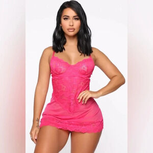 NWT Fashion Nova Keep Her Secret Lace Babydoll Lingerie Dress Hot Pink Lace Pjs